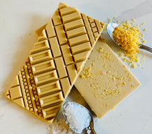 Load image into Gallery viewer, Lemon Sea Salt White Chocolate Bar 52% Cacao
